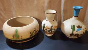 lot 8681 image: Lot of 3 Ceramic Vases with Desert and Cactus Theme.