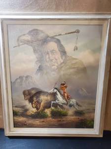 lot 8682 image: P.Denton Acrylic Painted Indian Chasing Bison