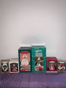 lot 8697 image: Lot of 4 Hallmark Barbie Ornaments and 2 Barbie Stocking Hangers Location Basement Closet