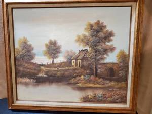 lot 8765 image: L. Reece Signed Oil Painting. of Lonely Lady in Blue Dress