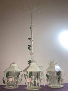lot 8793 image: Three Lamp Metal Garden Lantern Floral Embellishments Location Under Pool Table