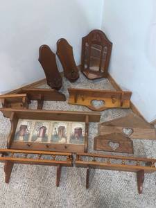 lot 8808 image: Lot of Wooden Knick Knack Shelves Location Under Pool Table