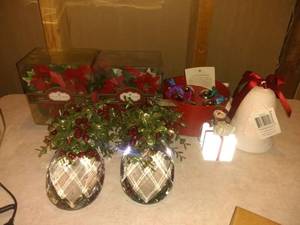 lot 8820 image: Lot of Holly Napkin Rings, Red Envelope Wish Belles, Decorative Crystal Drops, Lighted Thomas Kincade Porcelain Belle