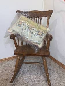 lot 8834 image: Wooden Childs Rocker With Little Angels Pillow Location Pool Table Corner