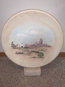 lot 8860 image: Large Southwestern Hand Painted Signed Clay Plate Location Wall