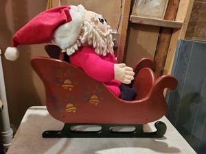 lot 8914 image: Hand Painted Wooden Sleigh with Stuffed Cloth Santa