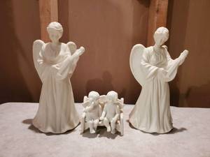 lot 8919 image: Porcelin Angel Candle Sticks and Angel on Bench Figurines