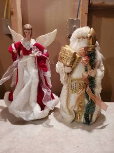 lot 8921 image: Two Christmas Tree Toppers - Red Angel and Gold Tone Santa