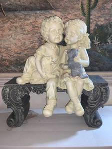 lot 8654 image: Boy and Girl Sitting on Bench Resin Statue Location Pool Table
