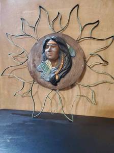 lot 8799 image: Native Themed Wall Decor Sun with Metal Rays. Made in Mexico