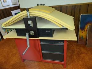 lot 1 image: Ettan Etching Press 48 x 24 in with Craftsman 3 Drawer 1 Cabinet Workbench 35 x 54 x 27 in