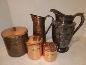 lot 1128 image: Copper Tone Kitchen Canister Set with Roger Brothers Silverplate Pitcher