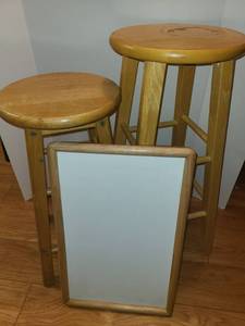 lot 1147 image: Wood Barstools 29 and 23 in Tall both 13 x 13 Diameter with Wood Lap Tray