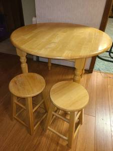 lot 1152 image: Wooden Drop Leaf Table 30 x 40 x 40 in Open with Pair of Wood Stools 19 x 12 x 12 in