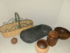 lot 1215 image: Frankoma Short Vase and Handcarved Wooden Boxes with Various Decor and Oregon Myrtlewood Bowl