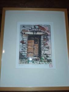 lot 1243 image: The Door Monoprint Framed Art by Local Artist Judy Dove 20 x 17 in