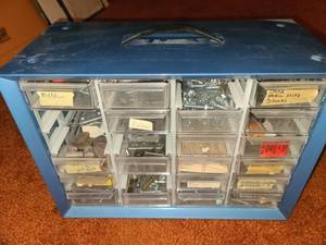 lot 2005 image: Blue 24 Bin Storage Box with Contents Some Bins are Missing