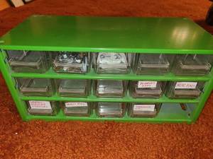 lot 2008 image: Green 15 Bin Storage Box with Contents Some Bins are Missing