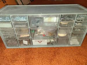 lot 2009 image: Gray 23 Bin Storage Box with Contents Some Bins are Missing