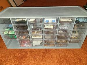 lot 2010 image: Grey 36 Bin Storage Box with Contents Some Bins are Missing