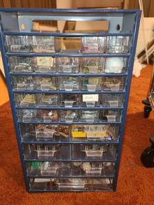 lot 2012 image: Navy Blue 37 Bin Storage Box with Contents Some Bins are Missing