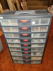 lot 2013 image: Black 9 Drawer Bin Storage Box with Contents