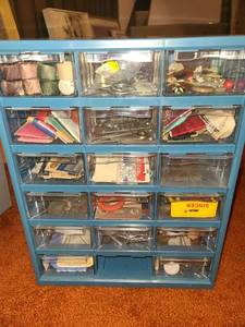 lot 2014 image: Blue 18 Bin Storage Box with Contents Some Bins are Missing