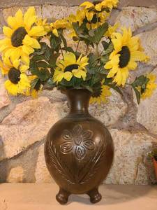 lot 2041 image: Carved Wood Case with Faux Sunflowers