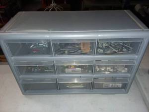 lot 3055 image: Plastic 9 Bin Storage Container with Contents