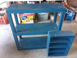 lot 3128 image: Blue Shelving Unit 30 x 30 x 12 in with Blue Wall Shelves 18 x 13 x 5 in