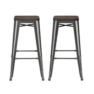 lot 2593 image: DHP Fusion Metal Backless 30 Bar Stool with Wood Seat, Distressed Metal Finish for Industrial Appeal, Set of two, Antique Gun Metal