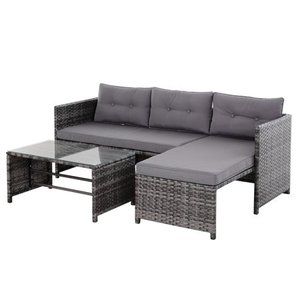 lot 11511 image: Outsunny 3-Piece Wicker Rattan Patio Set, Includes Sofa, Chaise & Coffee Table, Great for Poolside or Porch Lounging, Grey Retail $381.49