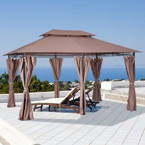 lot 11598 image: Outsunny 10 x 13 2-Tier Steel Outdoor Garden Gazebo With Vented Soft Top Canopy And Removable Curtains Retail $281.99 Retail $281.99