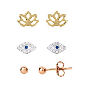 lot 1108 image: STERLING SILVER 14KT GOLD PLATED BALL STUD, CUBIZ ZIRCONIA EYE EYE AND LOTUS FLOWER EARRING SET, 3 PAIR