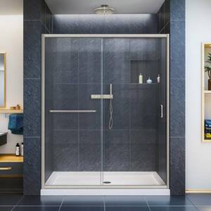 lot 2452 image: DreamLine Infinity-Z 56-60 in. W x 72 in. H Semi-Frameless Sliding Shower Door, Clear Glass in Brushed Nickel, SHDR-0960720-04