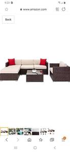 lot 2478 image: OAKVILLE FURNITURE 61106 6-Piece Outdoor Patio Furniture Rattan Sectional Sofa Conversation Set Brown Wicker, Beige Cushion