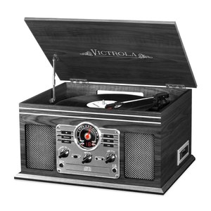 lot 75398 image: Victrola Wooden 6-in-1 Nostalgic Record Player with Bluetooth and 3 Speed Turntable, Graphite, Gray