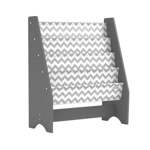 lot 75525 image: Pidoko Kids Bookshelf, Grey with Chevron  Wooden Childrens Sling Bookcase with Pocket Storage Book Rack - Canvas Gray