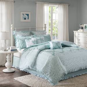 lot 76539 image: Madison Park Mindy Queen Size Bed Comforter Set Bed in A Bag - Aqua, Floral �� 9 Pieces Bedding Sets �� 100% Cotton Bedroom Comforters