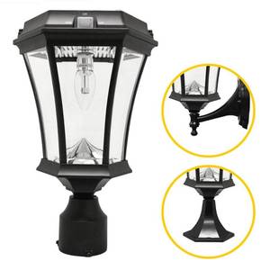 lot 76541 image: Gama Sonic Victorian Bulb Solar Lamp with GS Solar Light Bulb (3 FitterPierWall Mounts), Black