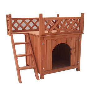 lot 76561 image: ALEKO DH28X20X25WD Wooden Cedar Pet Home for Small Pets Dogs Cats Side Steps and Balcony Kennel Lounger 28 x 20 x 25 Inches