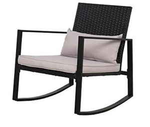 lot 76655 image: AmazonBasics 3-Piece Patio Bistro Rocking Chair Set with Tempered Glass Side Table and Cushions, Black