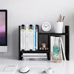 lot 1795 image: Jerry & Maggie - Desktop Organizer Office Storage Rack Adjustable Wood Display Shelf - Free Style Double H Display - True Natural Stand Shelf - Black
