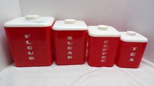 lot 7074 image: RED AND WHITE CANISTER SET