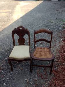 lot 8185 image: 2 vintage chairs one has wicker bottom other needs seat attached
