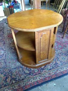 lot 8186 image: 2 shelf wood table 25 in across 24 in tall
