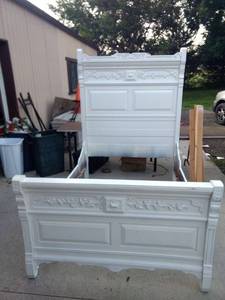 lot 8220 image: Walnut Eastlake bed painted white could use a little work headboard 76 and 12 in tall 57 in wide foot board is 35 and 12 in tall 57 in wide width bed being a total length of a 78 in