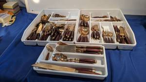 lot 9351 image: brass with wood handle silverware