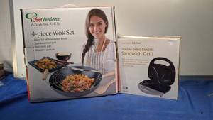lot 9376 image: Chef Ventions Asia series 4-piece wok set and concept kitchen double-sided electrical sandwich grill