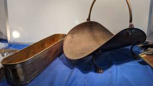 lot 9398 image: brass flower pot and brass firewood carrier and